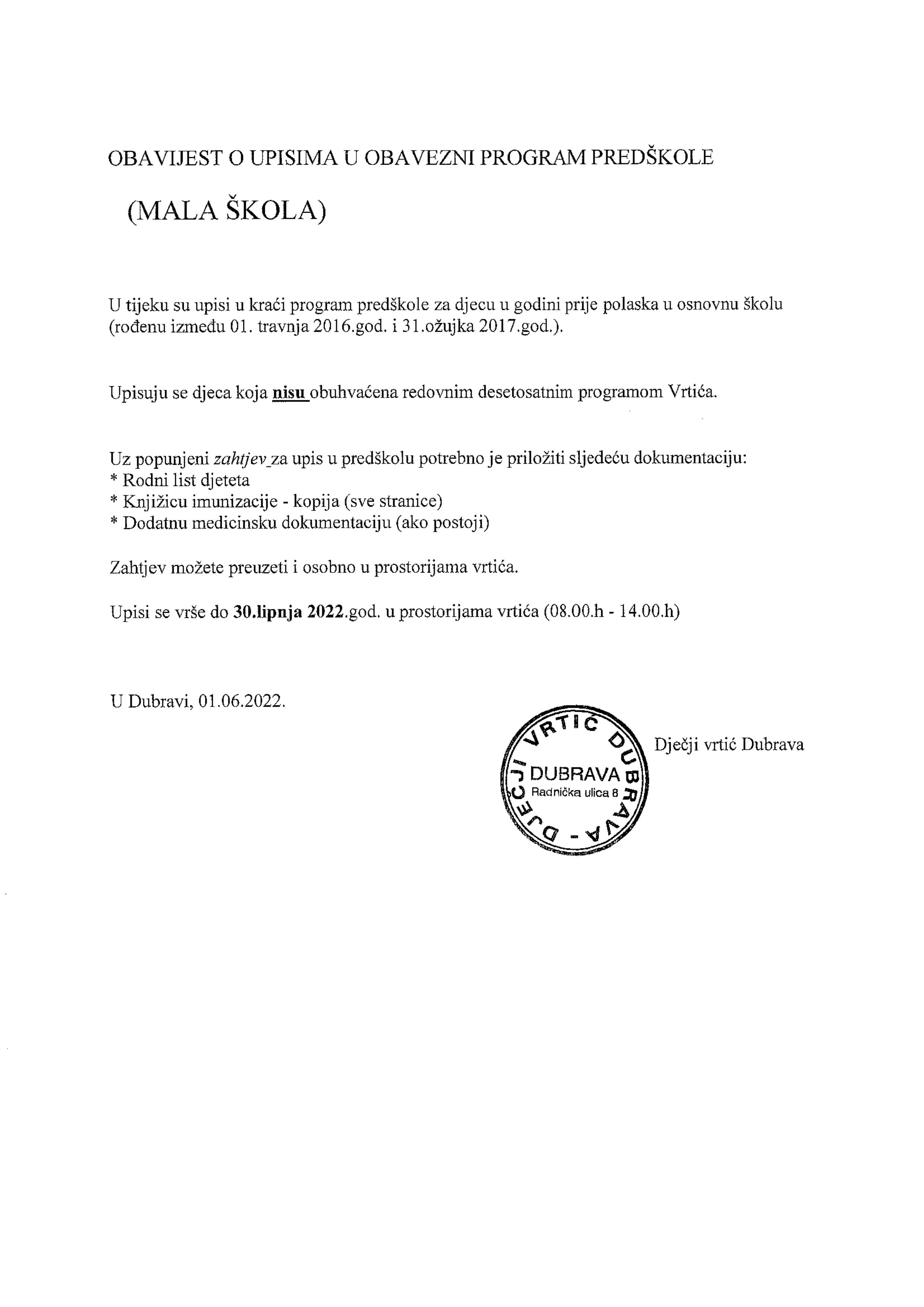 Obavijest o upisima Mala skola